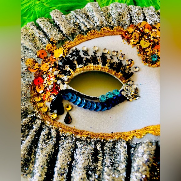 Beaded eye mask grn ostrich feathers Carnevale Masquerade Mardi Gras Halloween - Picture 4 of 16